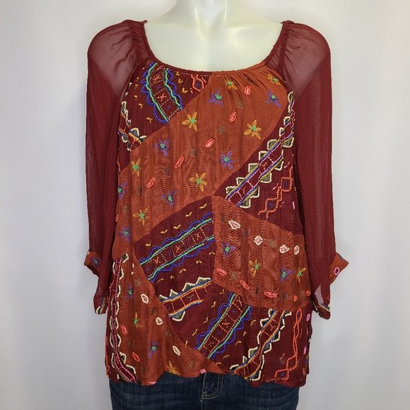 Lucky Brand Tops - Lucky Brand Beaded Embroidered Boho Top Blouse Med
